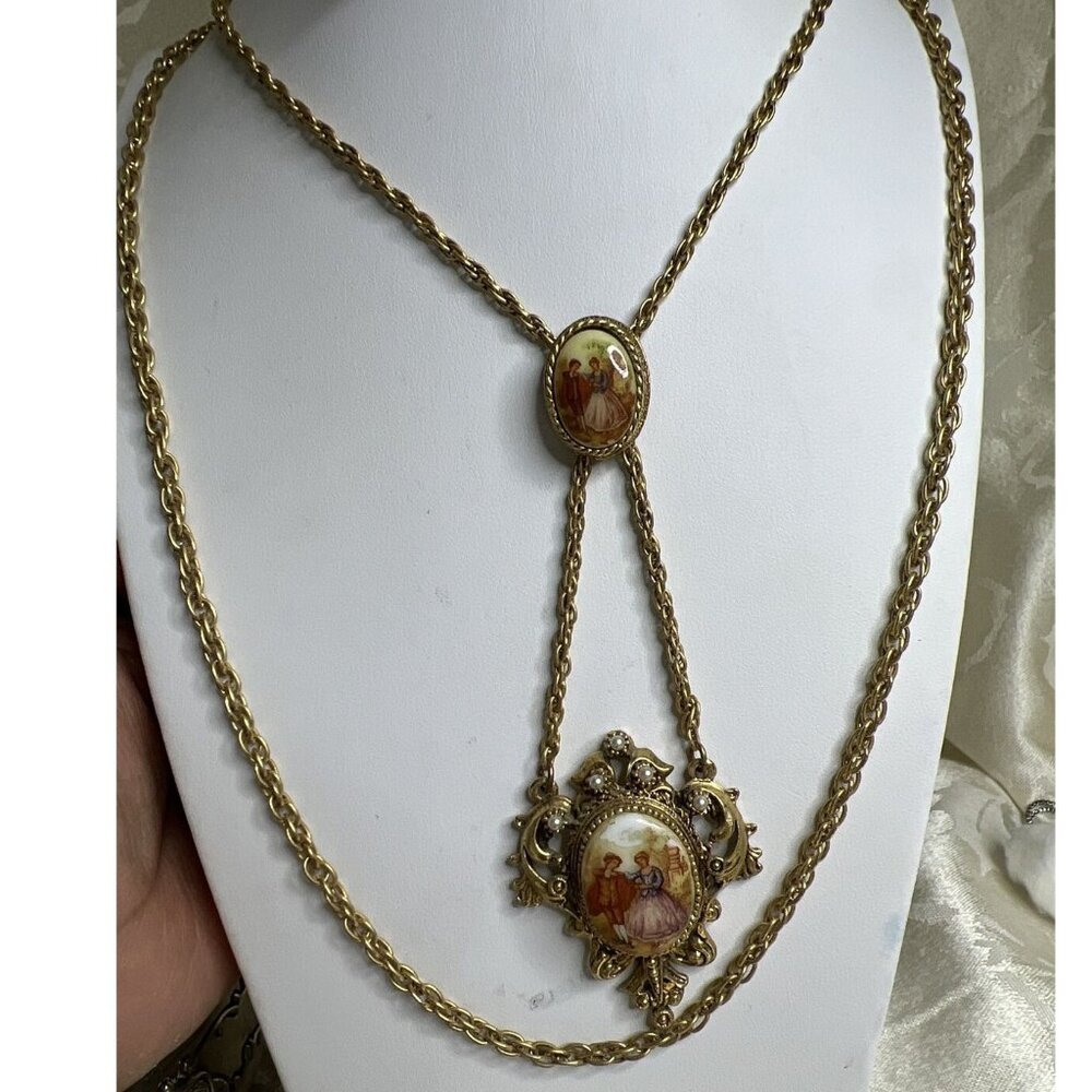Renaissance Revival‎ Couple Bolo Tie Gold Tone Pearl Double Strand Necklace Rare